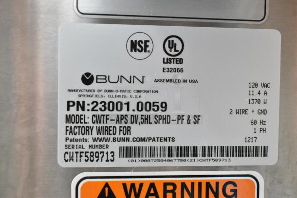 2017 Bunn CWTF-APS DV stainless steel coffee machine with hot water dispenser. NSF and UL listed. Model details visible.
