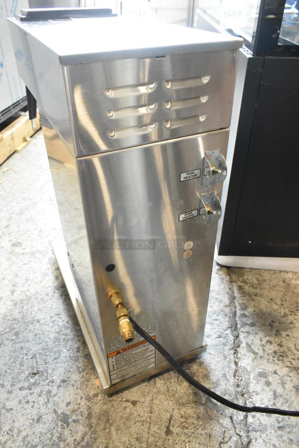 2017 Bunn CWTF-APS DV stainless steel coffee machine with hot water dispenser; features dual switches and metal brew basket.