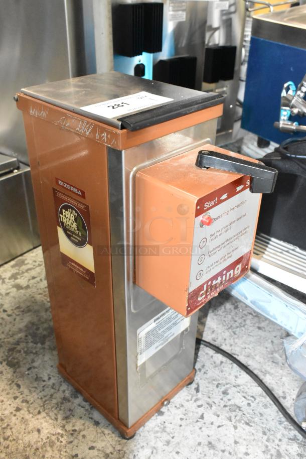 Ditting KFA 903 metal commercial coffee grinder, 120 volts, used condition, operational instructions label visible.