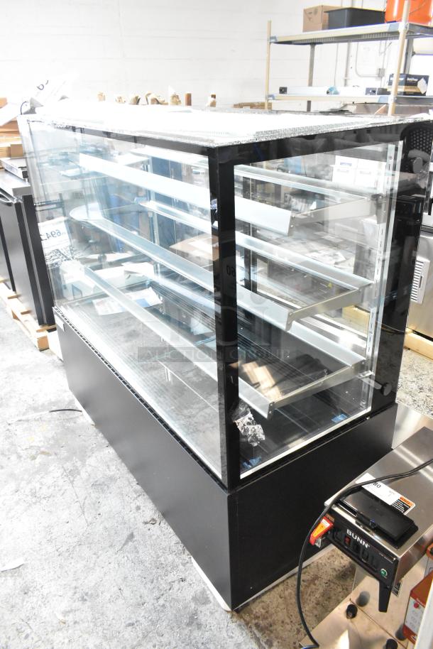 Brand new Avantco 193BCF60B 59" black refrigerated bakery display case with visible scratch and dent; broken glass on top.
