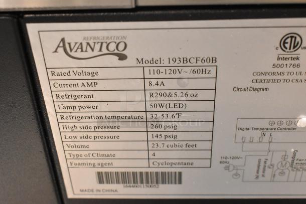 Brand new Avantco 193BCF60B bakery display case; black metal, square glass, 59 1/8", refrigerant R290, 110-120V, broken top glass.