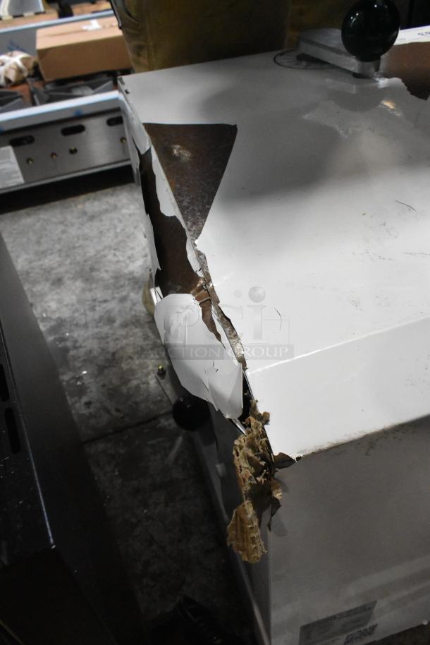 BRAND NEW SCRATCH AND DENT! Dough Xpress DXE-W 18" pizza dough press, metal, electromechanical, 120V, visible damage.