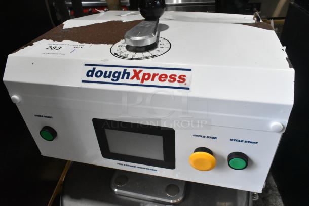 BRAND NEW scratch and dent Dough Xpress DXE-W 18" electromechanical pizza dough press, cycle controls visible.