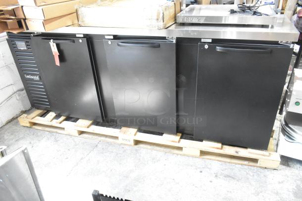 Continental BB90SN 90" black back bar refrigerator, new condition, scratch and dent, shallow-depth, solid doors, 115V.