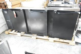 Continental BB90SN 90" black back bar refrigerator, new condition, scratch and dent, shallow-depth, solid doors, 115V.
