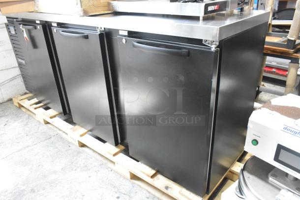 Brand new 2025 Continental BB90SN 90" black shallow-depth solid door back bar refrigerator, 115V, slight scratches.