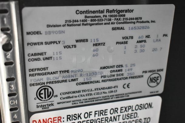 Label showing details of a Continental BB90SN Refrigerator, 115V, 60Hz, R290 refrigerant, ETL and NSF certified.