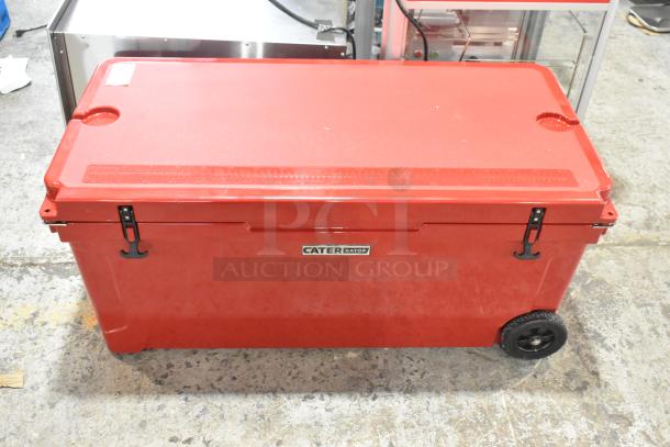 BRAND NEW CaterGator 215CG170RDW red 170 qt. rotomolded cooler, mobile with wheels, minor scratches, durable outdoor use.