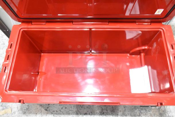 BRAND NEW CaterGator 215CG170RDW red 170 Qt. rotomolded outdoor cooler, minor scratches, interior view, open lid.