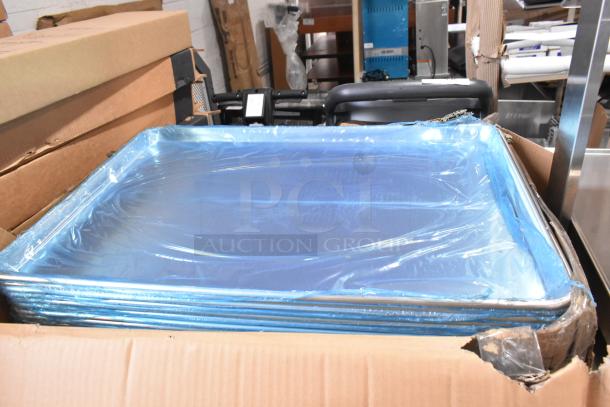 Box of 12 Bakers Mark 407FULL16G full-size aluminum bun pans, 16 gauge, 18"x26", heavy-duty, scratch and dent condition.
