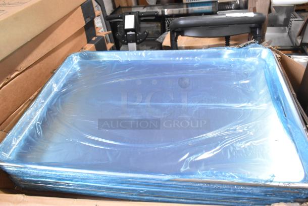 Box of 12 Bakers Mark 407FULL16G heavy-duty 16 gauge aluminum bun pans, full size, 18" x 26", new, scratch and dent condition.