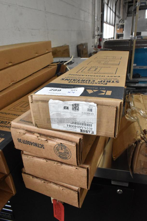 Four new Kason® 401 Easimount replacement strip curtains in boxes, dimensions 4"W x 78"H and 4"W x 84"H, labeled for auction.