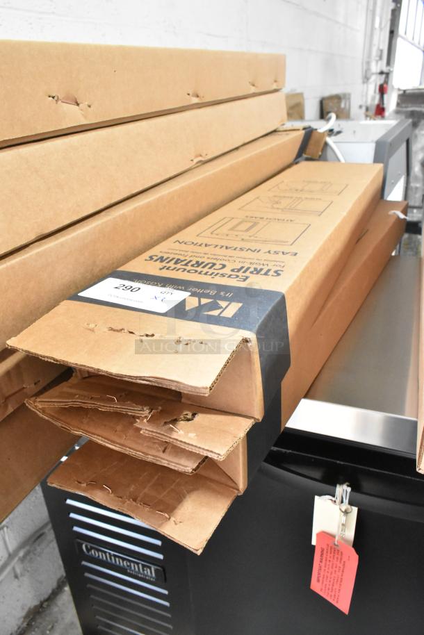 Kason® 402 and 401 Easimount Replacement Strip Curtains, new condition, boxed, with visible model labels.