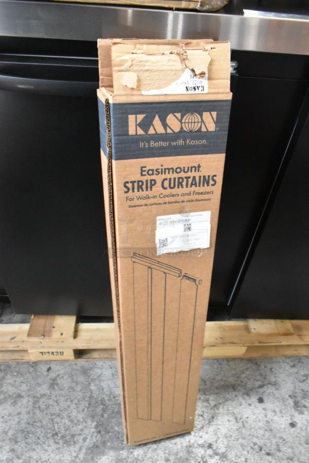 New Kason Easimount strip curtains in box, models 402 (4"x84") and 401 (4"x80"), box shows handling wear.