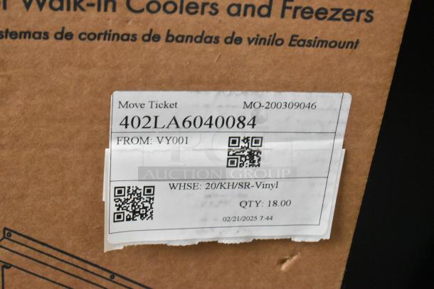 Kason Easimount Strip Curtain box with move ticket label “402LA6040084,” indicating warehouse and quantity 18.