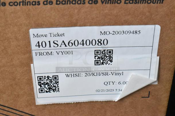 Packaging for Kason® 402 Easimount strip curtain, label showing model 401SA6040080, warehouse info, and quantity: 6.