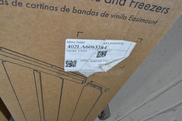 Kason® Strip Curtain Set packaging with move ticket label, model 402LA6063384, WHSE: 20/KH/SR-Vinyl.