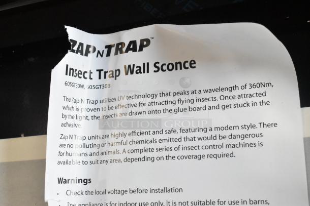BRAND NEW Lavex Zap N Trap V30E-2X15W indoor insect trap label showing UV technology and safety features.