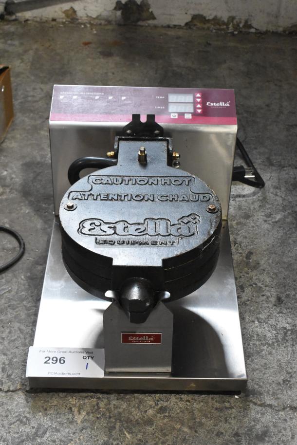 BRAND NEW Estella 348WBMX1A Stainless Steel Belgian Waffle Maker, 120V, 1 Phase, with "Caution Hot" label.