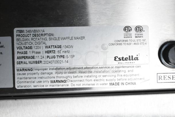 Estella 348WBMX1A stainless steel commercial Belgian waffle maker label, 120V, 1340W, 1 phase, UL and NSF certified.