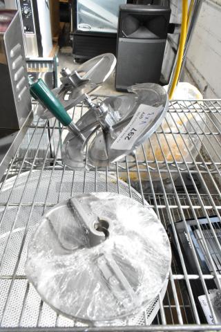Three new industrial blades, including two for vegetable slicers and one Robot Coupe food processor blade, labeled with auction details.