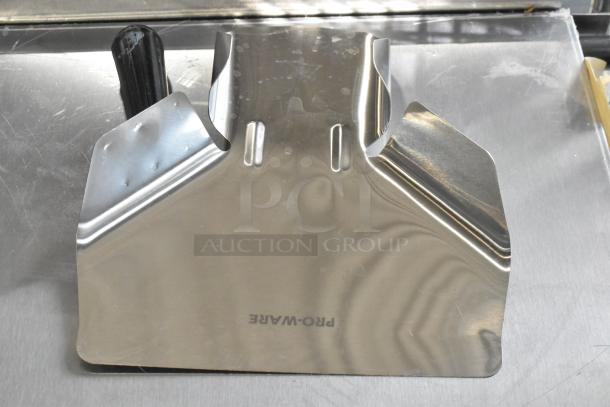 Brand new Pro-ware stainless steel fry scooper, scratch and dent, visible logo, shiny finish, ergonomic handle.