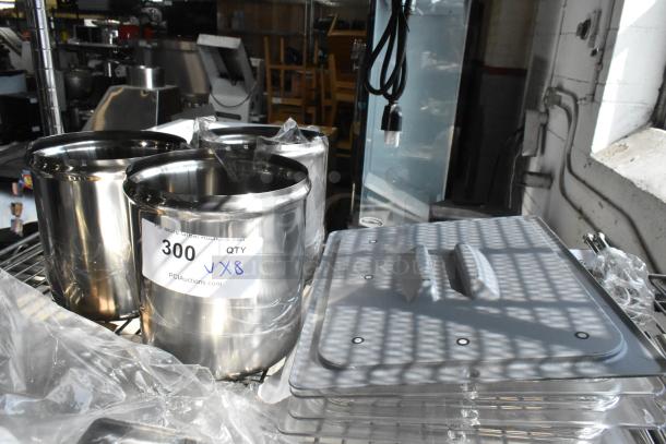 8 brand new items including 3 Qt. stainless steel inset jars and Cambro clear polycarbonate lids. Quantity marked as X8.