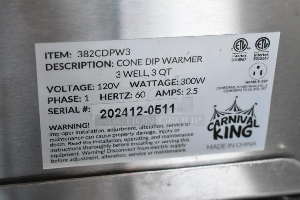 Carnival King 382CDPW3 stainless steel triple cone dip warmer, 3 Qt, 120V, 2024 model. New, scratch and dent.