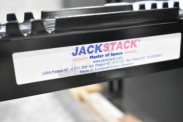 BRAND NEW Jack Stack Master of Space black metal rack pieces from Garland, patent info visible, minor dents.