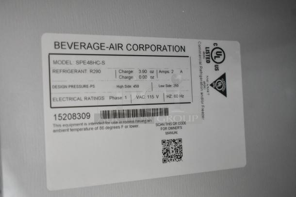 Label of Beverage Air SPE48HC-S stainless steel refrigerated salad bar. Specs: 115V, 1 Phase, R290 refrigerant.