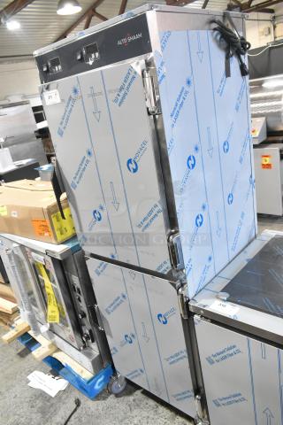 Brand new Alto Shaam 1200-UP stainless steel 16-pan holding cabinet, scratch and dent, universal racks, commercial casters.