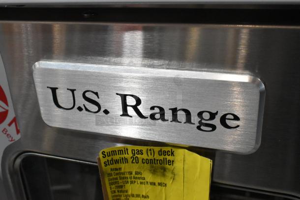 Brand new US Range SUMG-100 stainless steel convection oven label, 53,000 BTU, showing brand and model details.