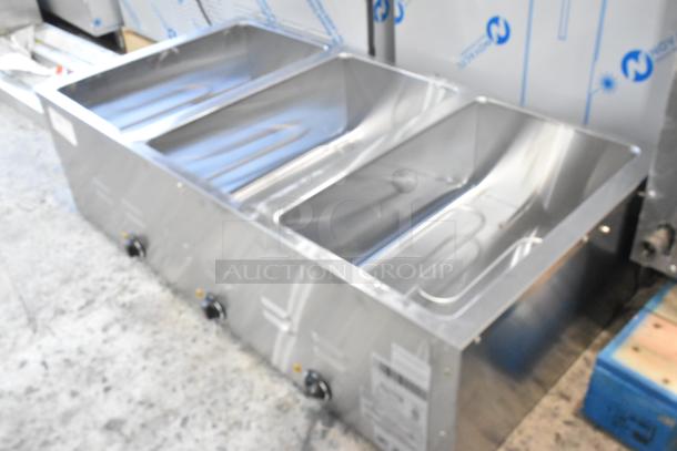 Brand new Avantco 177STE3S stainless steel three-pan electric steam table, 120V, 1 phase, with slight scratches and dents.
