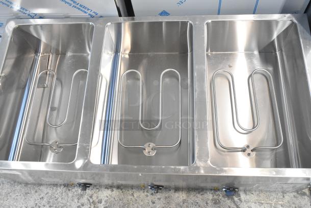 Brand new Avantco 177STE3S stainless steel three-pan electric steam table, 120V, 1-phase, scratch and dent condition.