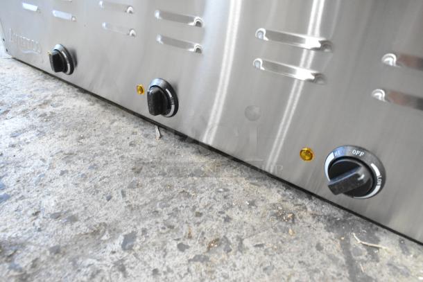 Brand new Avantco 177STE3S stainless steel three-pan electric steam table, 120V, 1 phase, with minor scratches.