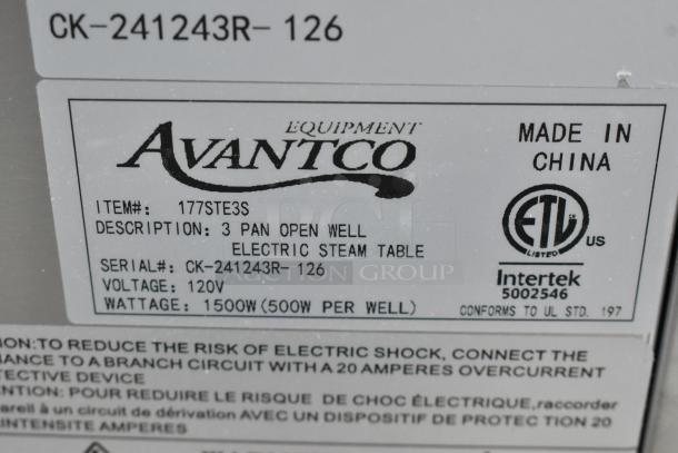 Alt Text: Label of Avantco 177STE3S stainless steel steam table. Features: 3 pan, 120V, 1500W output, ETL certified.