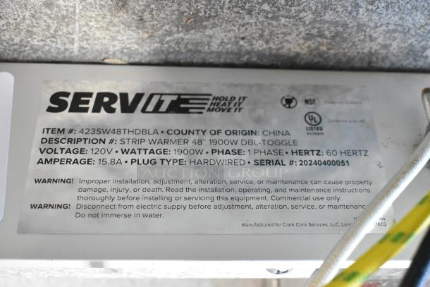 Brand new ServIt 423SW48THDBLA 48" double strip warmer, dual toggle controls, 120V, 1 phase, 1900W, scratch and dent.