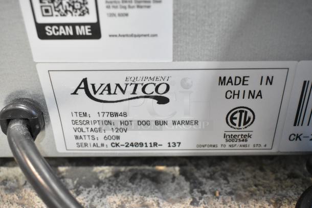 Avantco 177BW48 stainless steel 48 hot dog bun warmer; 120V, new with scratches. Label shows model and voltage.