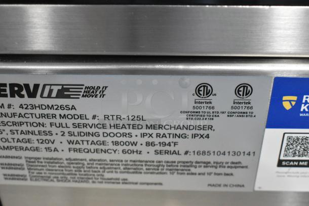 ServIt 423HDM26SA heated display case label showing model, 120V, 1PH, IPX4, 1800W, 86-194°F, certified by Intertek.