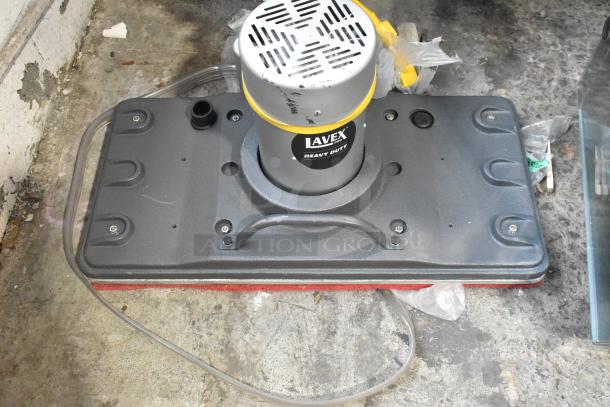 Lavex SP-8825 Heavy Duty Square Floor Machine, new with scratches, 120V, 1 Phase, visible branding, gray/red color.