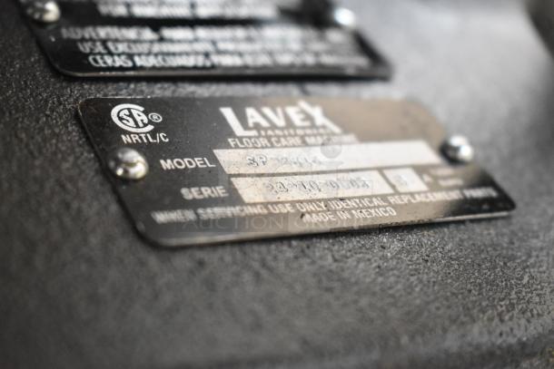 Close-up of label on Lavex SP-8825 Heavy Duty Floor Machine, showing model and serial number. New scratch and dent item.