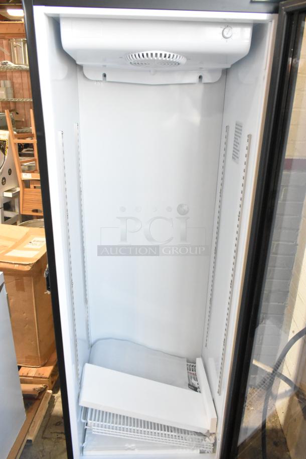Brand new KoolMore KM-MDR-1GD-10C display merchandiser, single glass door, poly-coated racks, 115V, 1 Phase, scratch and dent.