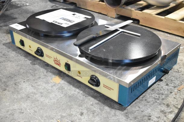 Brand new 2024 Carnival King 382TCM16DBL 16" dual non-stick crepe maker, 208/240V, 1 phase, with control knobs.