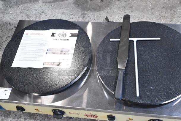 Brand new Carnival King 382TCM16DBL 16" dual non-stick crepe maker; 208/240V, 1 phase. Includes user manual and tools.