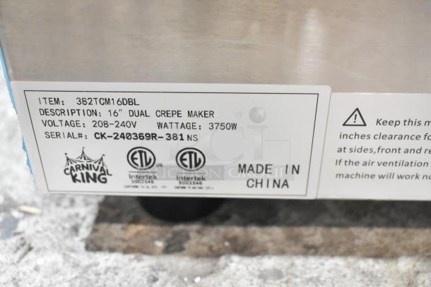 BRAND NEW 2024 Carnival King 382TCM16DBL 16" Dual Non-Stick Crepe Maker; 208/240V, 3750W. Serial: CK-240369R-381NS. Made in China.