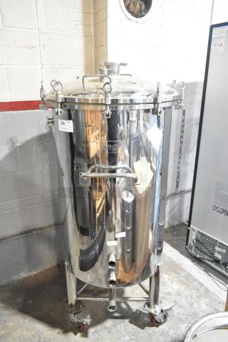 Stout stainless steel 60-gallon commercial kettle on casters, excellent condition, with locking lid and spigot.