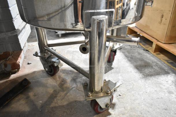 Stout 60-gallon stainless steel commercial kettle on heavy-duty casters, polished finish, excellent condition.