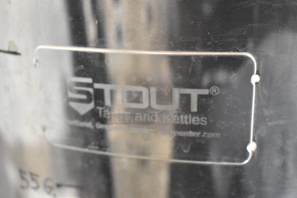 Stout Stainless Steel 60 Gallon Kettle, commercial grade, with visible brand plate and volume markings, on casters.