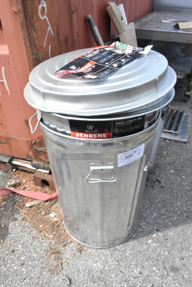 Behrens 1211K 20 Gallon Galvanized Steel Trash Can with Infinity Lid, new, slight scratches; label marked "Trash/Utility Can".