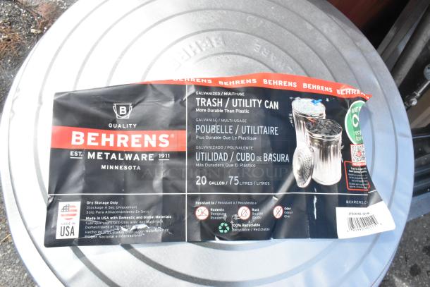 Behrens 1211K 20-gal galvanized steel trash can, new scratch and dent. Infinity lid, USA-made. Durable, rodent-resistant.